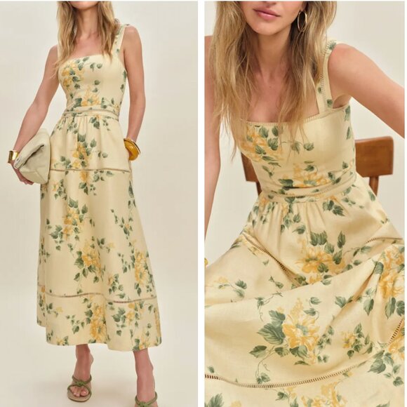 Reformation Floral Midi Dress in Cream and Yellow - Picture 3 of 14